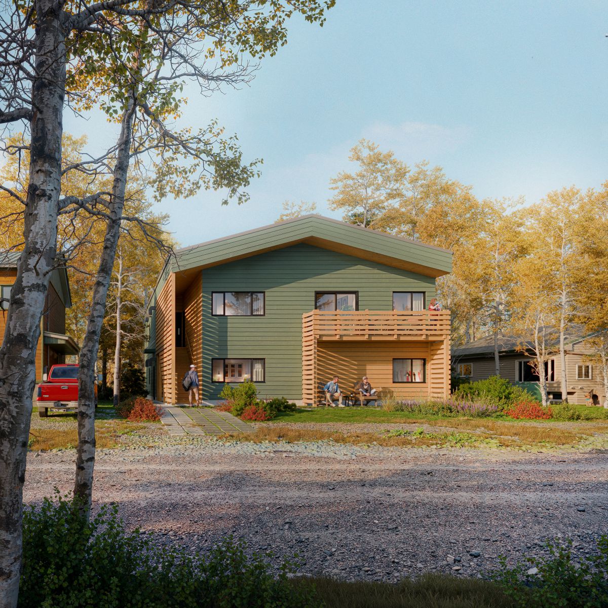 A 3D rendering of a fourplex with a sloped roof, wood and panel siding, and a wraparound balcony. The structure includes large windows, a recessed entrance, and horizontal slat railings. 